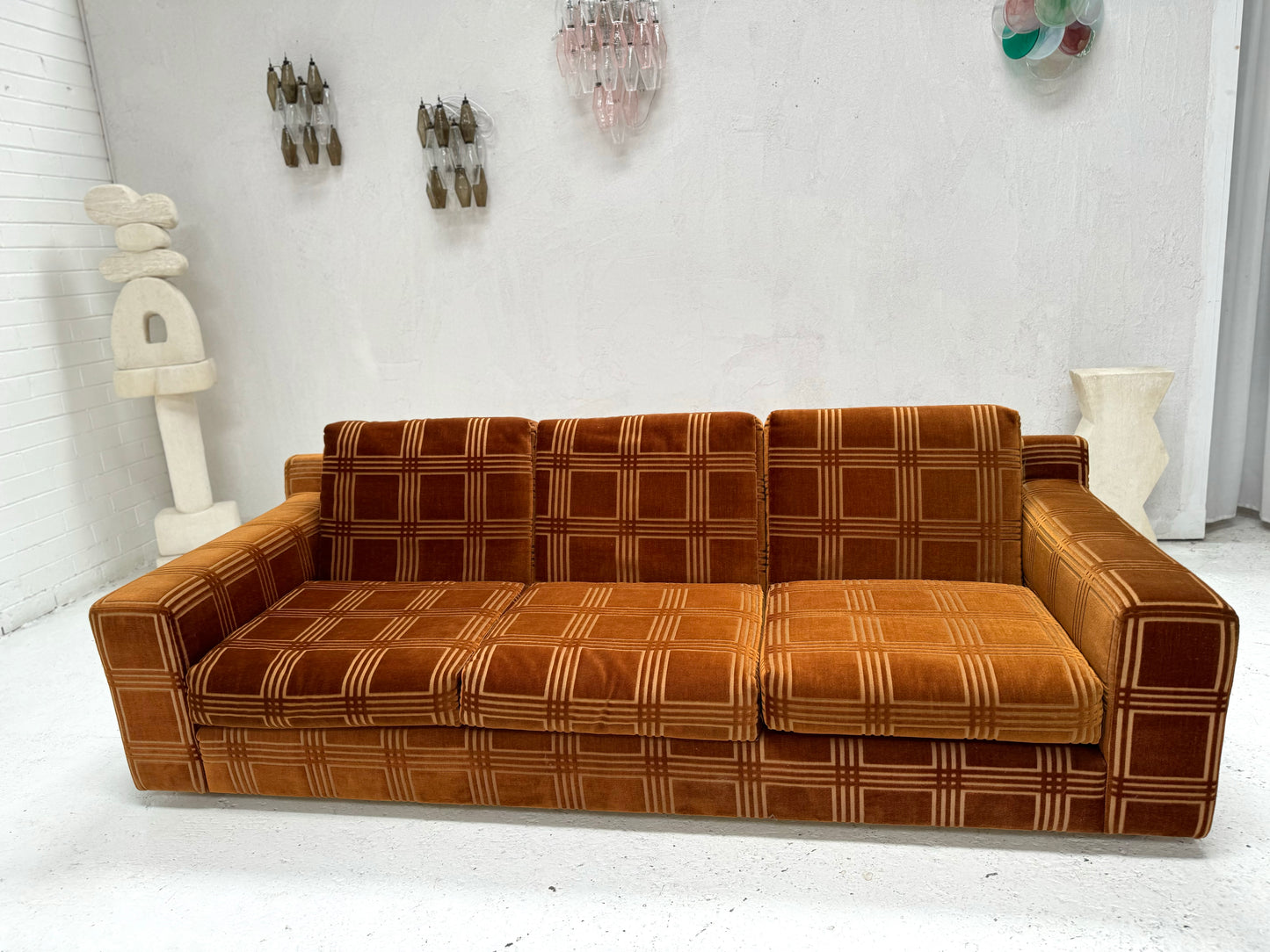 Vintage 3 Seater Sofa - Velvet Geometric Pattern