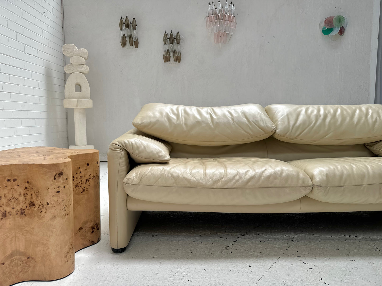 Cassina Maralunga Cream Leather Sofa by Vico Magistretti