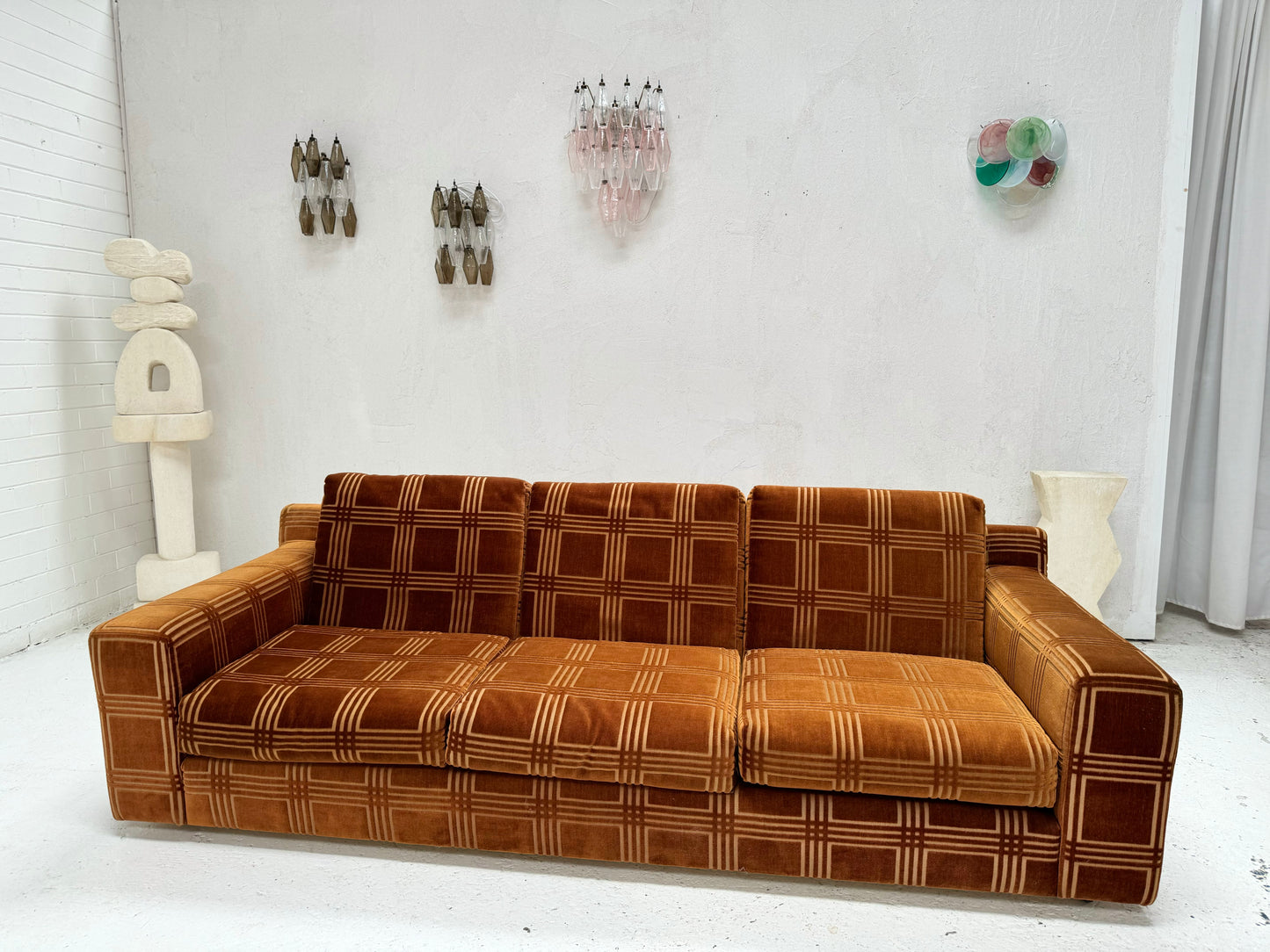 Vintage 3 Seater Sofa - Velvet Geometric Pattern