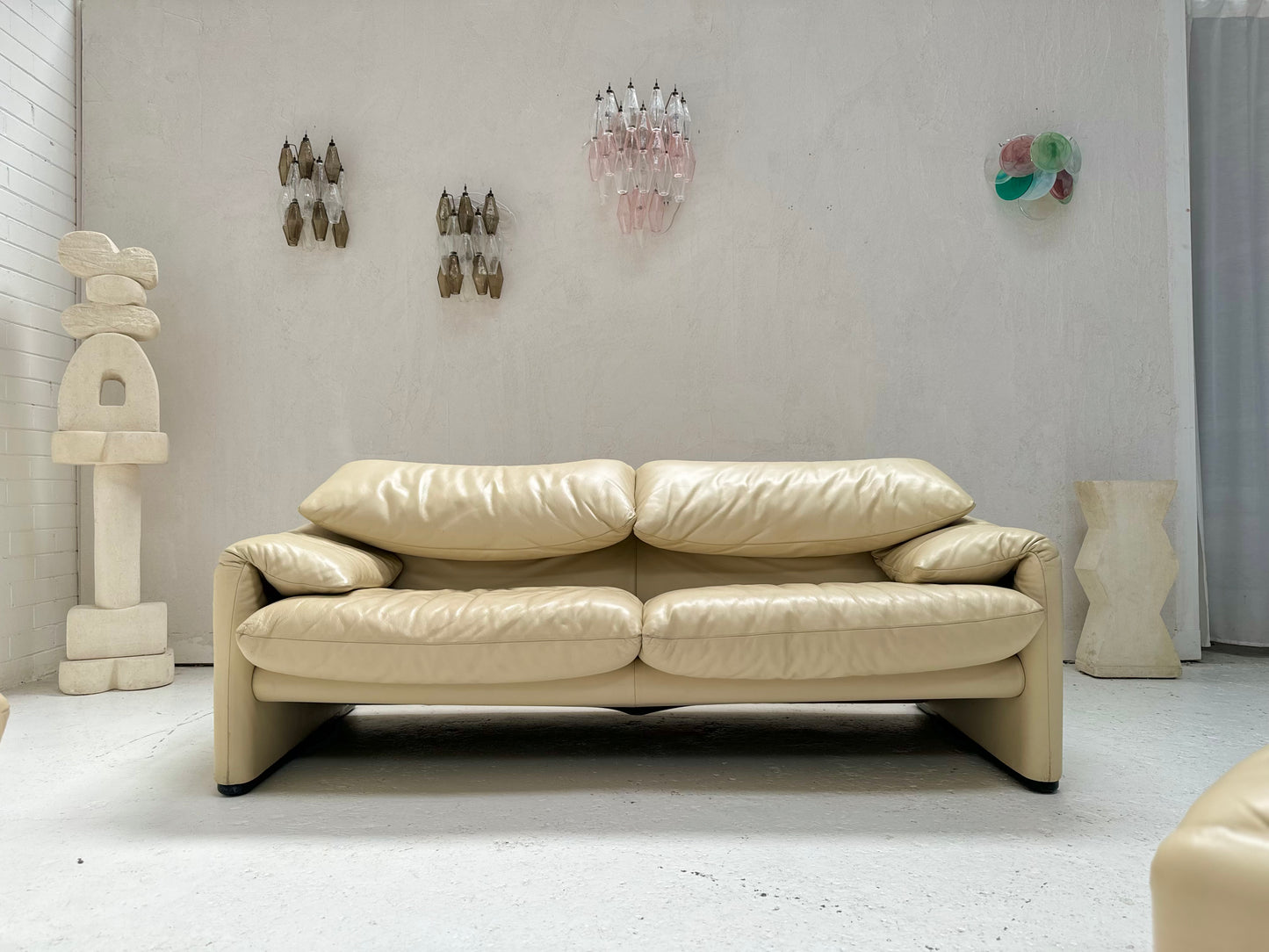 Cassina Maralunga Cream Leather Armchair & Ottoman by Vico Magistretti