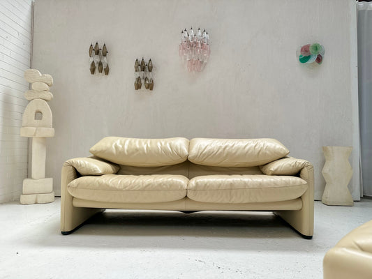 Cassina Maralunga Cream Leather Sofa by Vico Magistretti