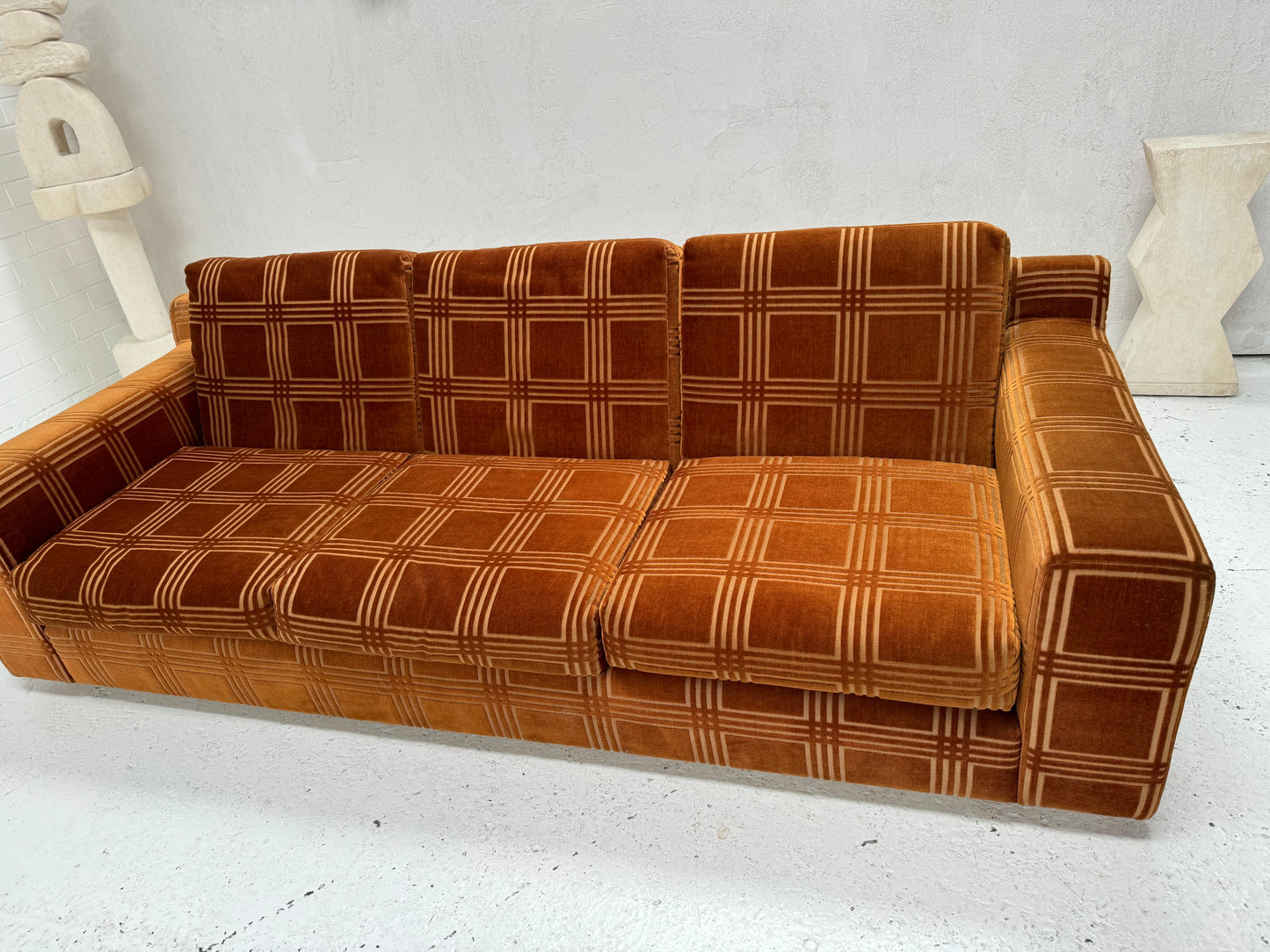 Vintage 3 Seater Sofa - Velvet Geometric Pattern