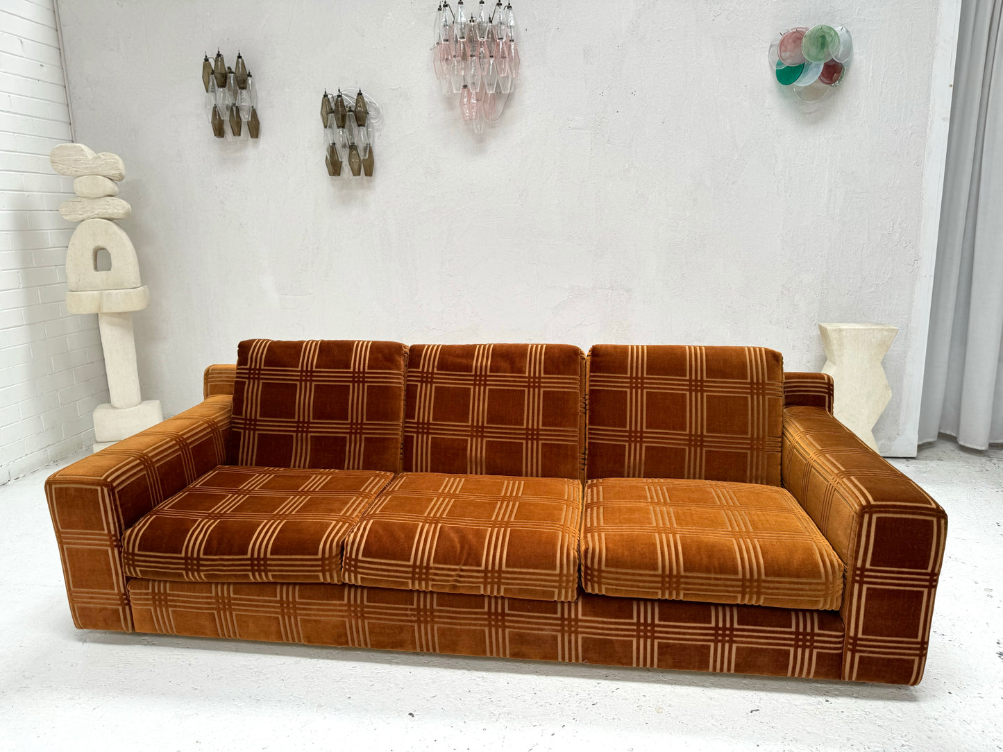 Vintage 3 Seater Sofa - Velvet Geometric Pattern