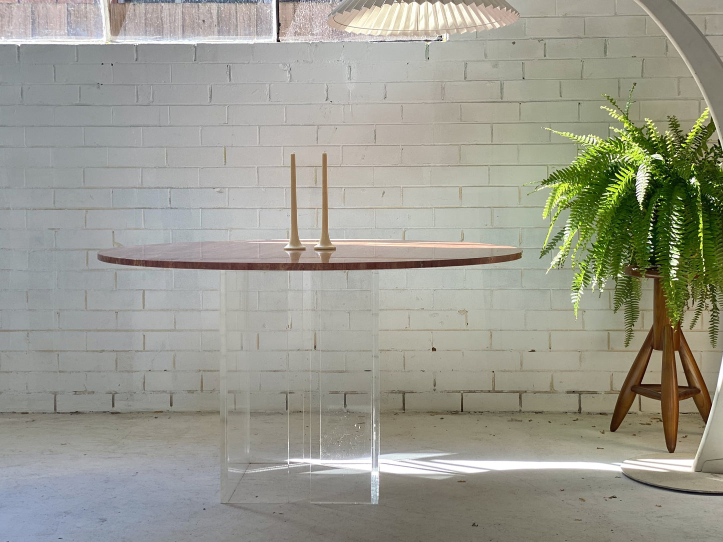 Custom “Floating” Lucite Travertine Table