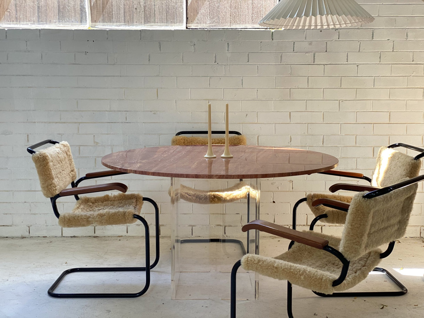 Custom “Floating” Lucite Travertine Table